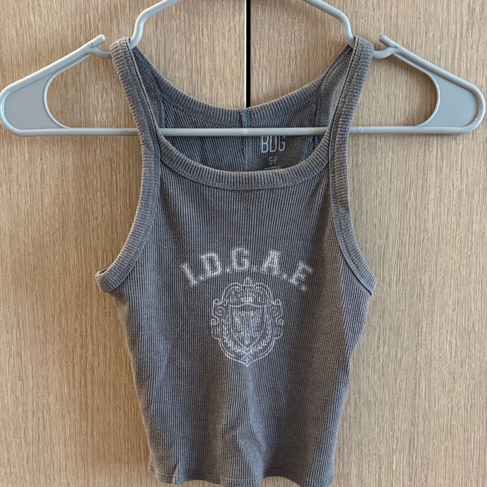 BDG Gray Ribbed Racerback Tank with IDGAF Crest